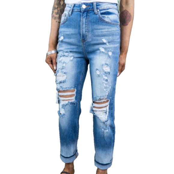 Judy Blue Denim - RISEN Jeans Distressed Two Tone Denim Straight Women Size 3 Boho Stretch Edgy
